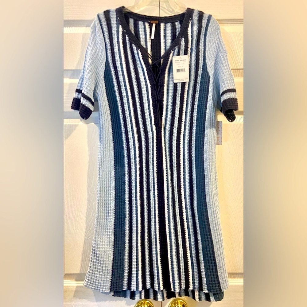 FREE PEOPLE ARI CROCHET SHIRT MINI DRESS SIZE LARGE $128 BLUES STRIPED NWT